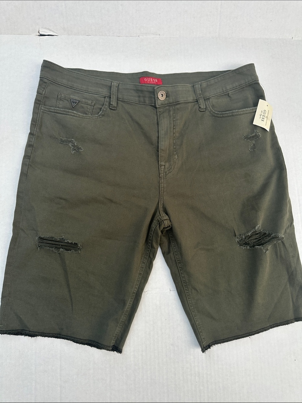 New Guess Olive Green Distressed Denim Shorts